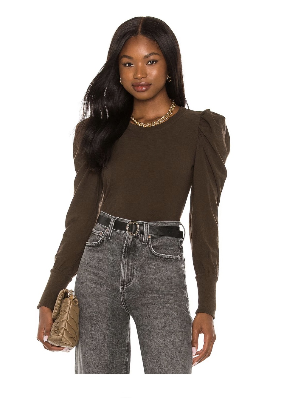 Nation LTD Romy Women's Puff-Sleeve Long Sleeve Top in Chocolate Brown XS